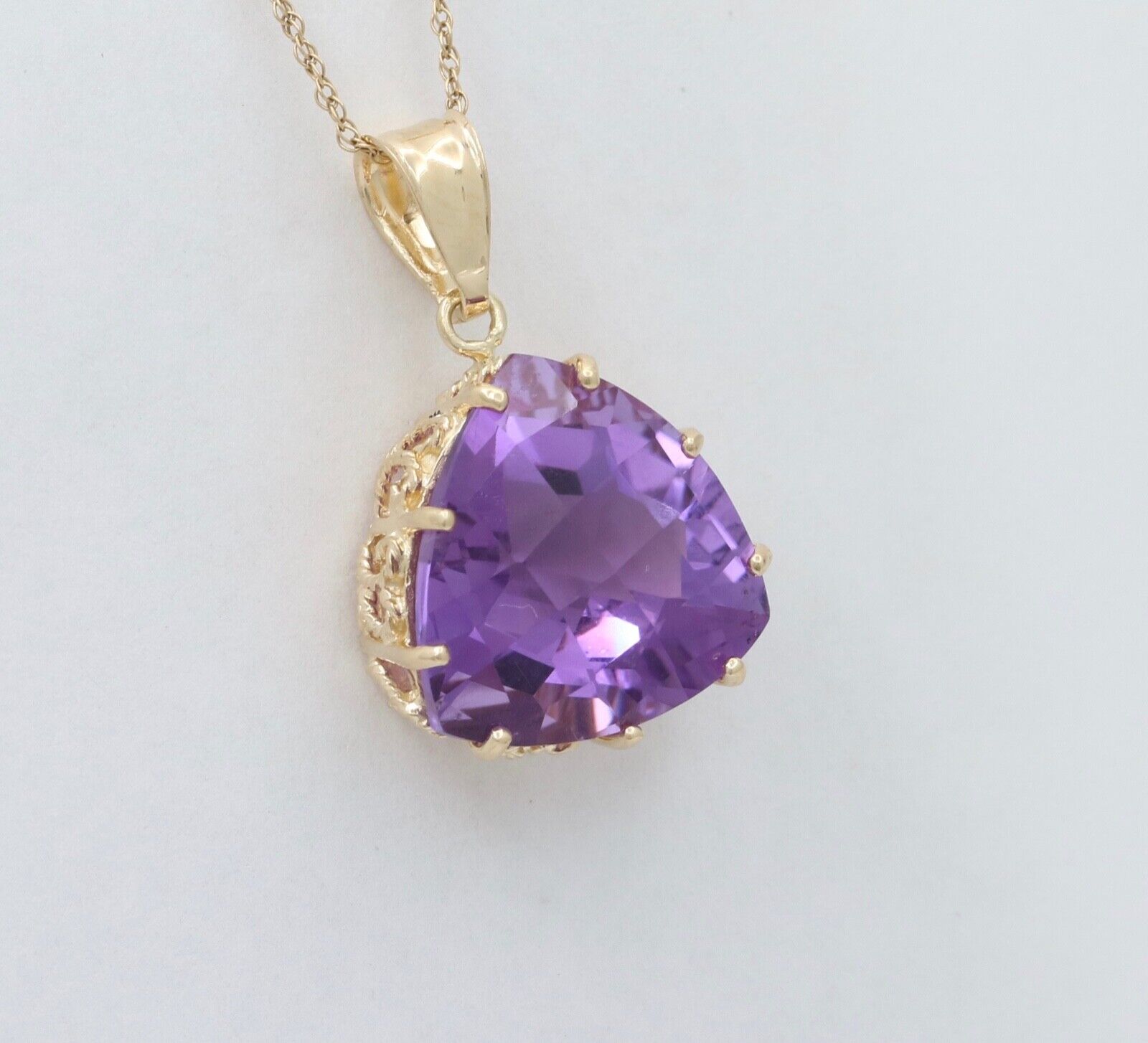 Vintage Triangle Checkerboard Cut Amethyst 14K Yellow Gold Pendant