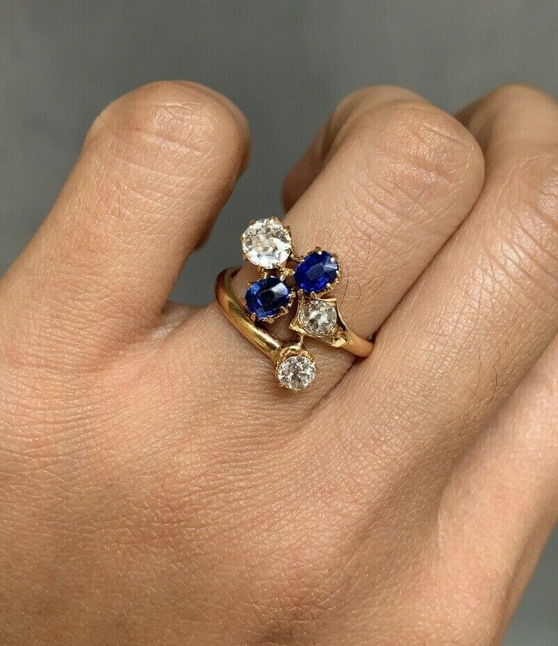Vintage 18K Gold Chunky Old Mine Cut Diamond & Sapphire Snake Wrap Bypass Ring.