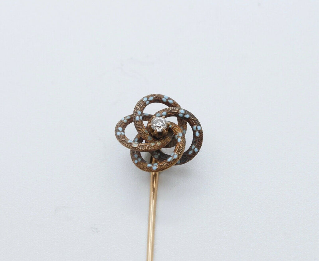 Rare Victorian Diamond Enamel 14K Yellow Gold Stick Pin