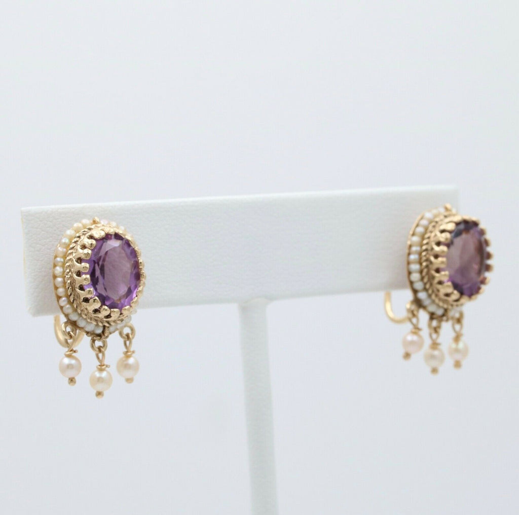 Victorian Revival Amethyst Pearls 14K Yellow Gold Earrings