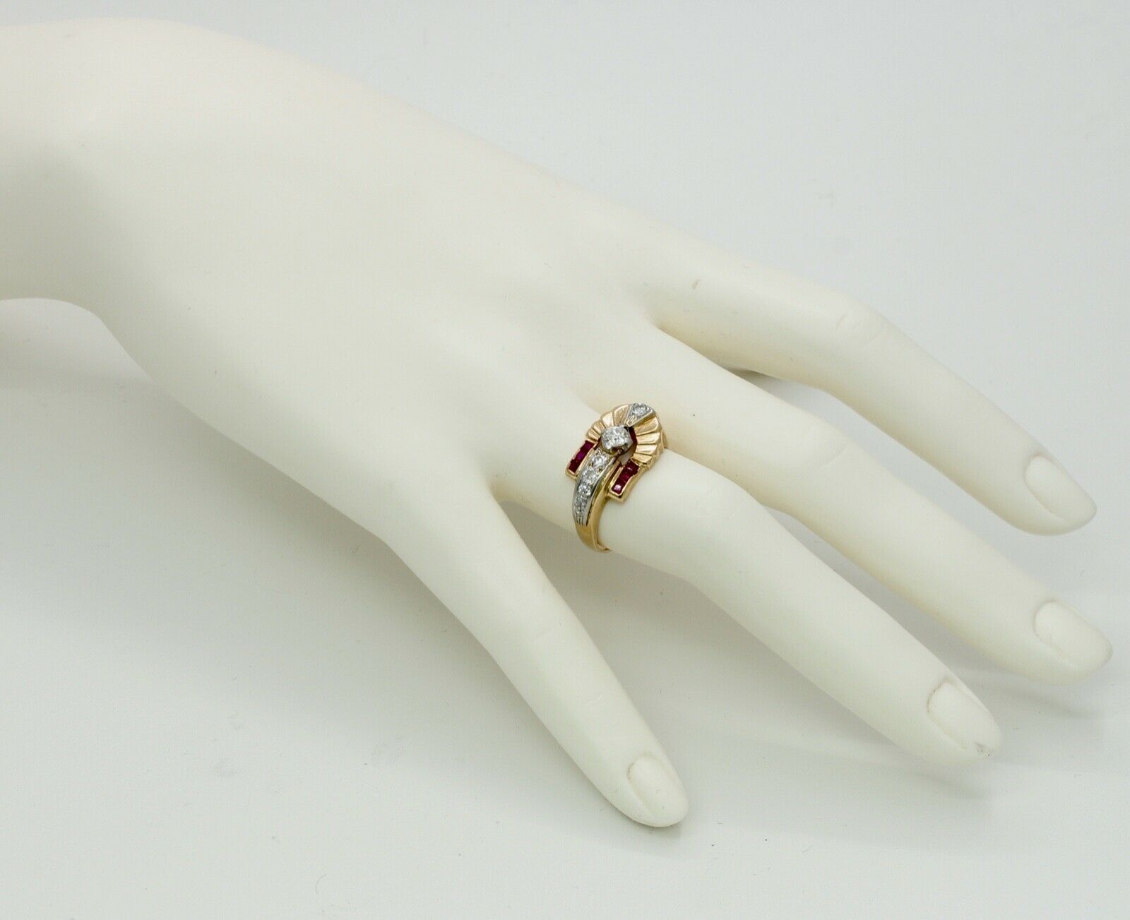Vintage Indian Headdress Diamonds Rubies 14K Yellow Gold Platinum Ring