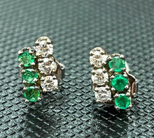 Load image into Gallery viewer, Vintage 14K White Gold Diamond &amp; Emerald Cluster Studs Earrings, Push Back Earri
