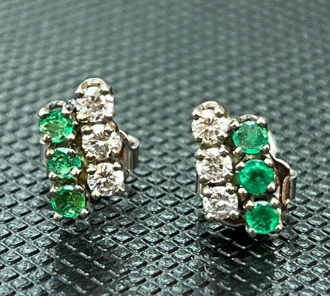 Vintage 14K White Gold Diamond & Emerald Cluster Studs Earrings, Push Back Earri