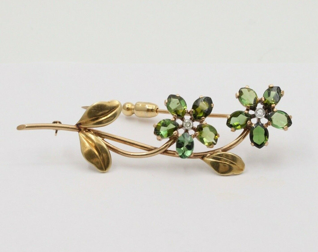 Vintage Green tourmaline Forget Me Not Flower 14K Yellow Gold Brooch Pin, Estate