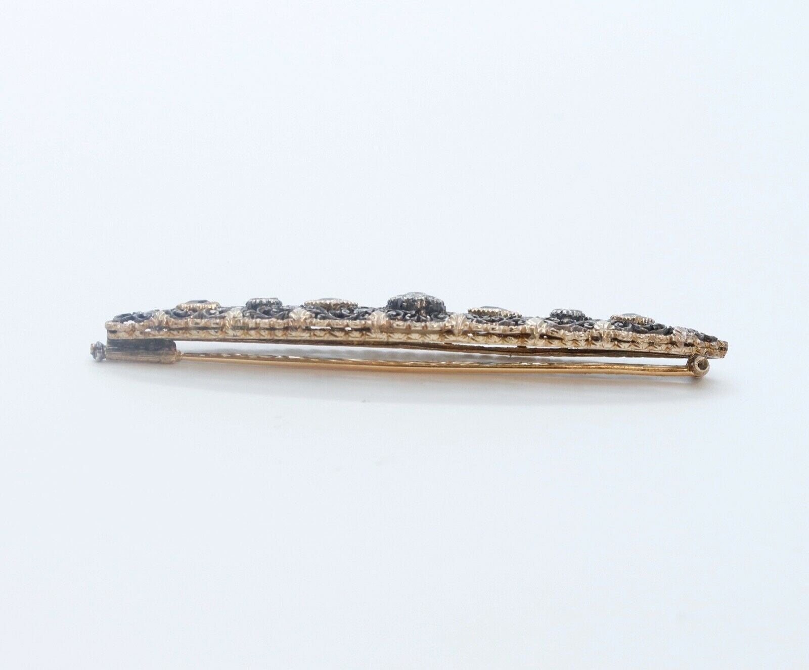 Edwardian 18K Yellow Gold Sterling Silver Diamonds Sapphires Brooch Pin