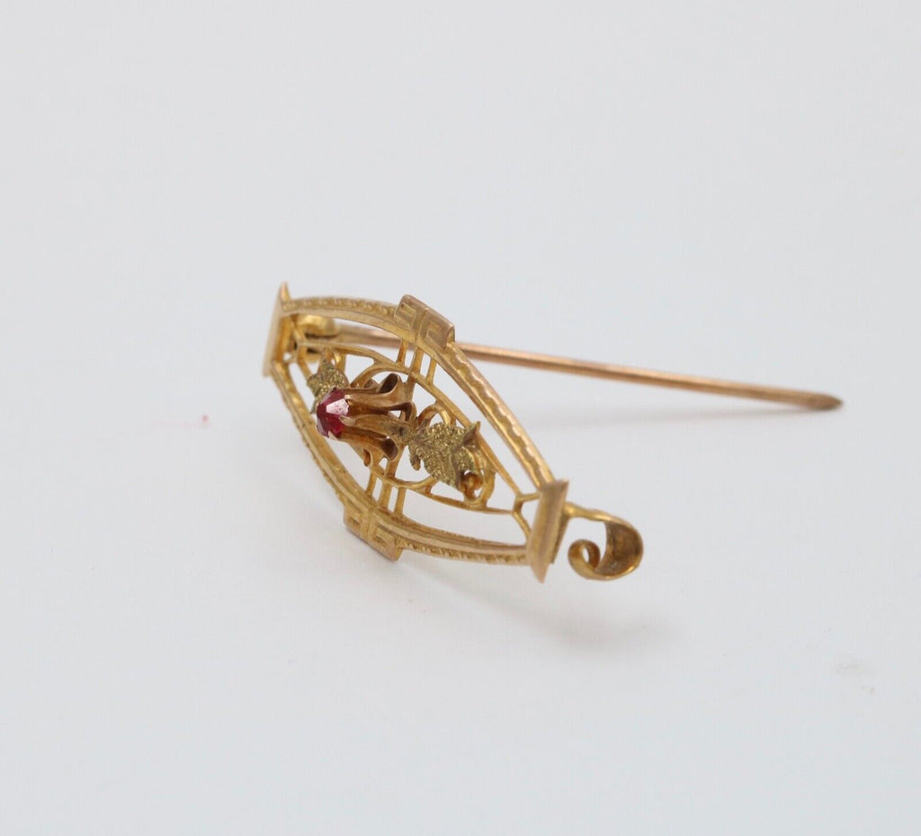 Art Nouveau Ruby 10K Yellow Gold Brooch Pin