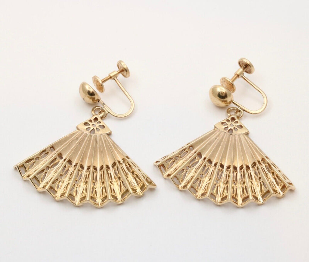 Vintage Folding Fan 14K Yellow Gold Earrings