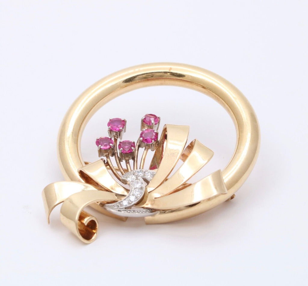 Vintage Bailey Banks & Biddle 14K Gold Ruby and Diamond Circle Ribbon Brooch