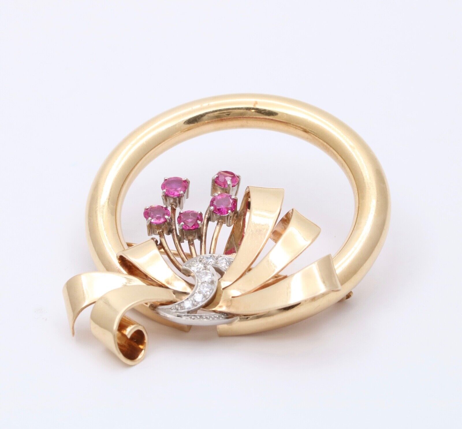 Vintage Bailey Banks & Biddle 14K Gold Ruby and Diamond Circle Ribbon Brooch