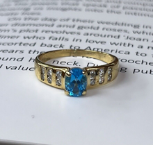 Load image into Gallery viewer, Vintage 14K Yellow Gold Blue Topaz &amp; Diamond Ring, Engagement Ring
