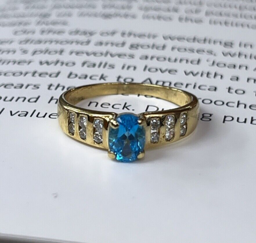 Vintage 14K Yellow Gold Blue Topaz & Diamond Ring, Engagement Ring