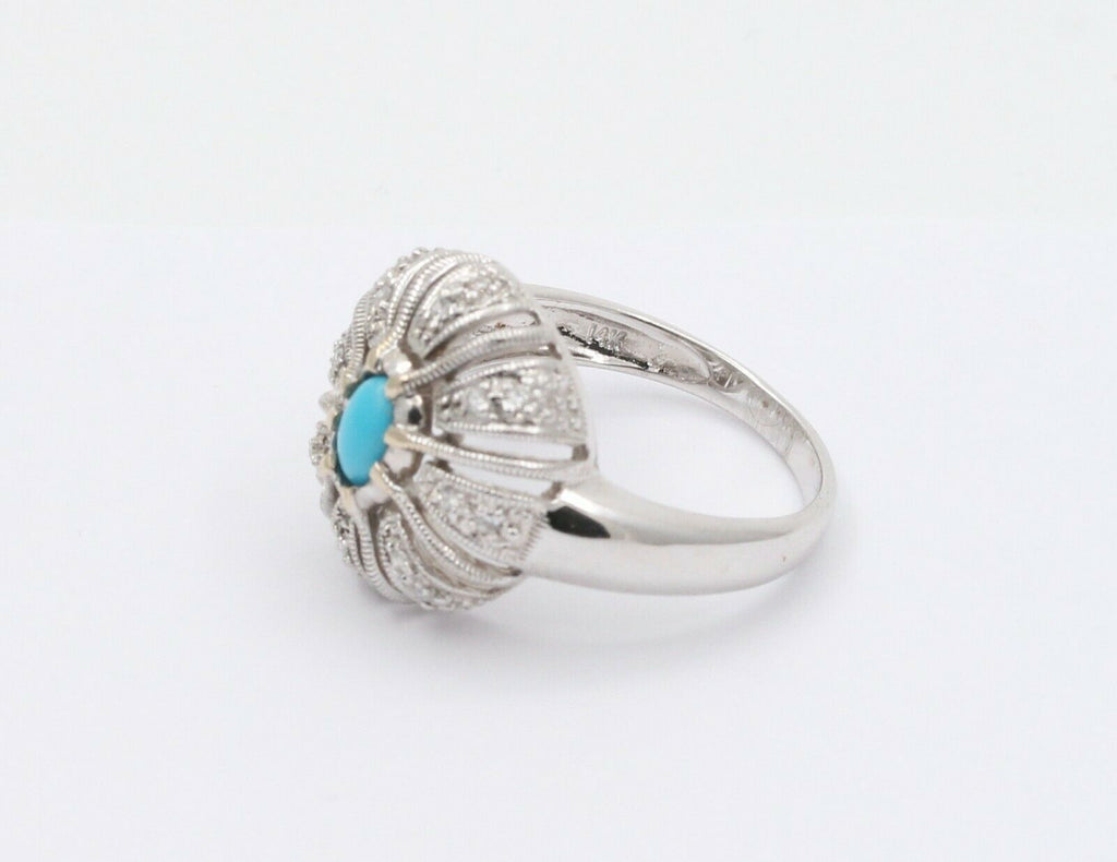 Vintage 14K White Gold Turquoise Diamond Cocktail Ring
