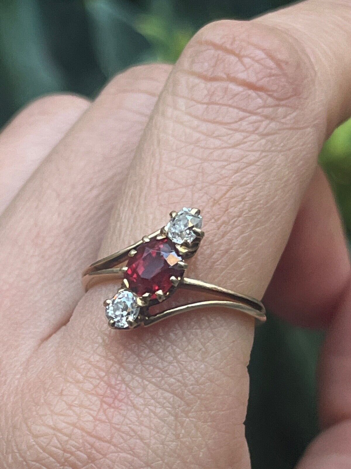 Antique 18K Yellow Gold Ruby And Diamond Bypass Three Stone Ring