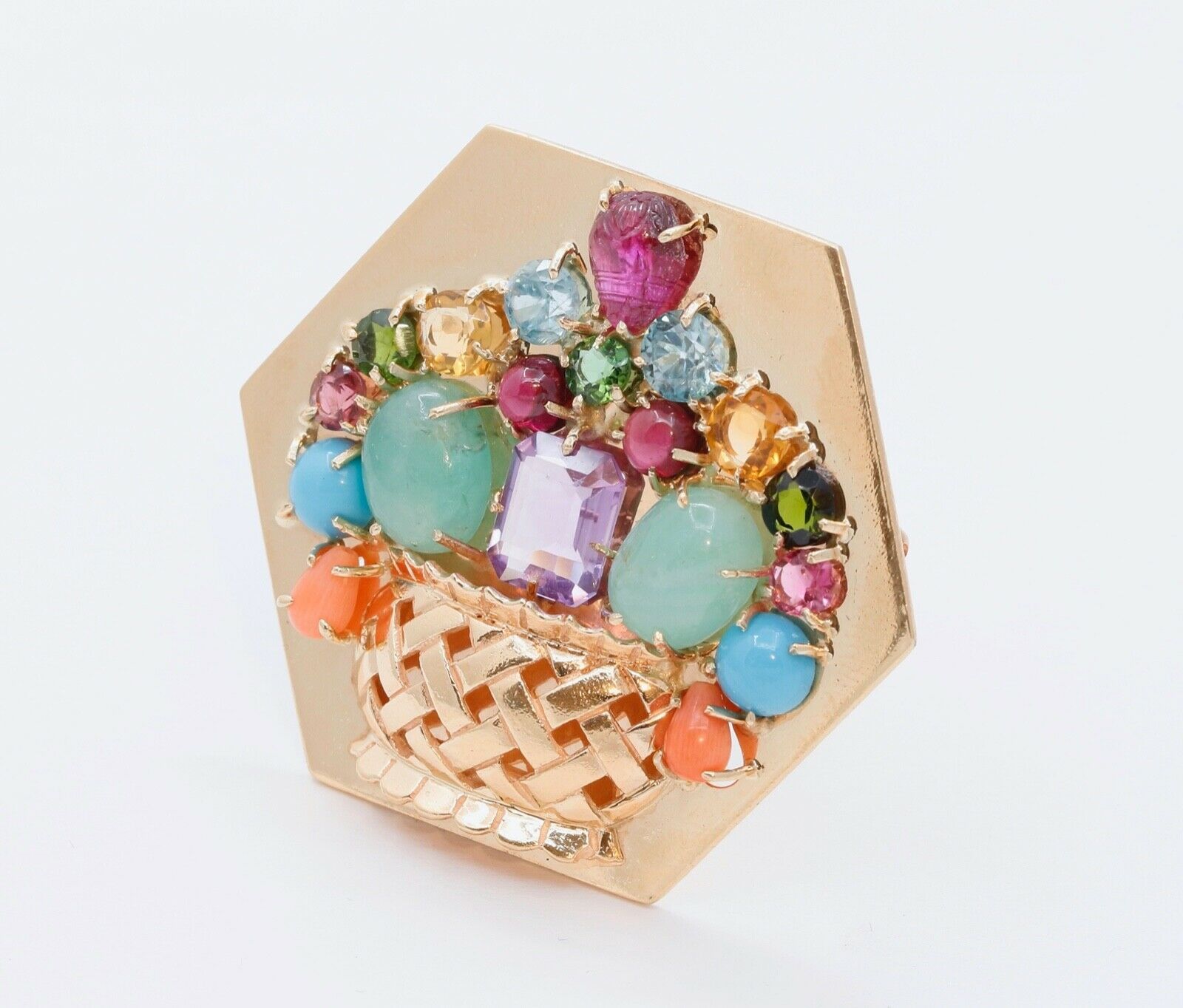 Vintage Multi Stone Flower Basket 14K Yellow Gold Brooch Pin