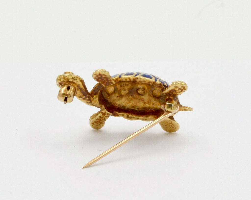 Cute Vintage 18K Yellow Gold Blue Enamel Turtle Pin