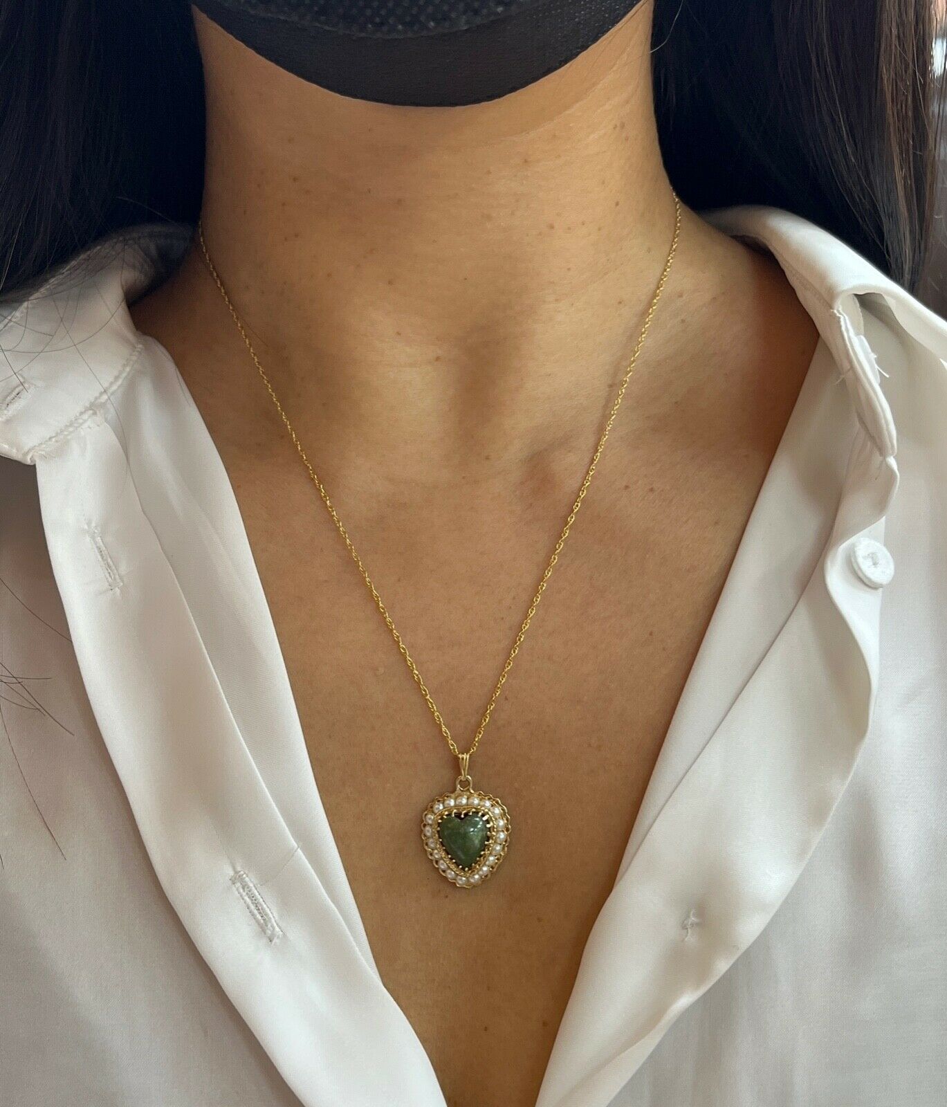 Vintage 14K Yellow Gold Heart Aventurine Pearl Pendant Necklace, Heart Charm
