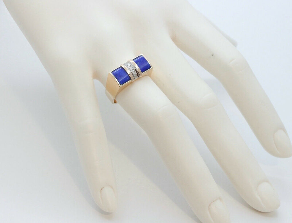 Cool Unisex Geometric Lapis Lazuli Diamonds 14K Yellow Gold Ring