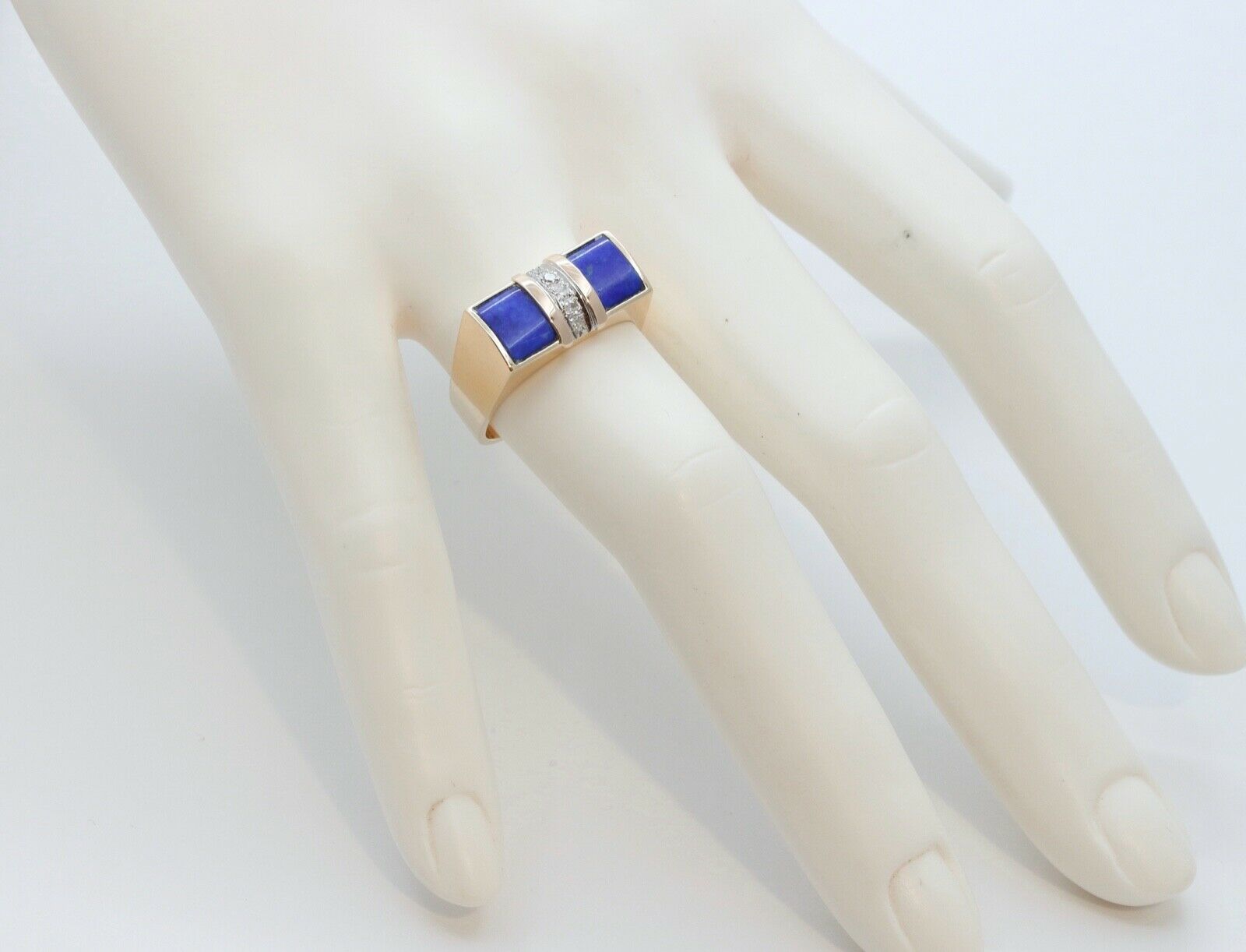 Cool Unisex Geometric Lapis Lazuli Diamonds 14K Yellow Gold Ring