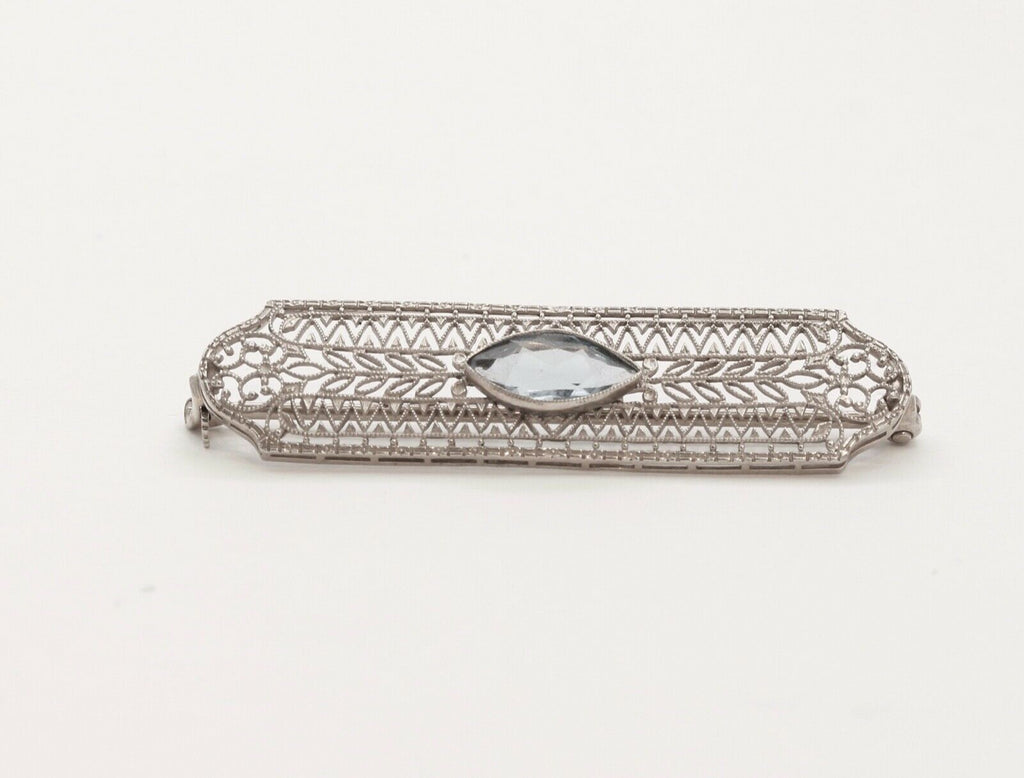 Art Deco Blue Sapphire 14K White Gold Filagree Bar Brooch Pin