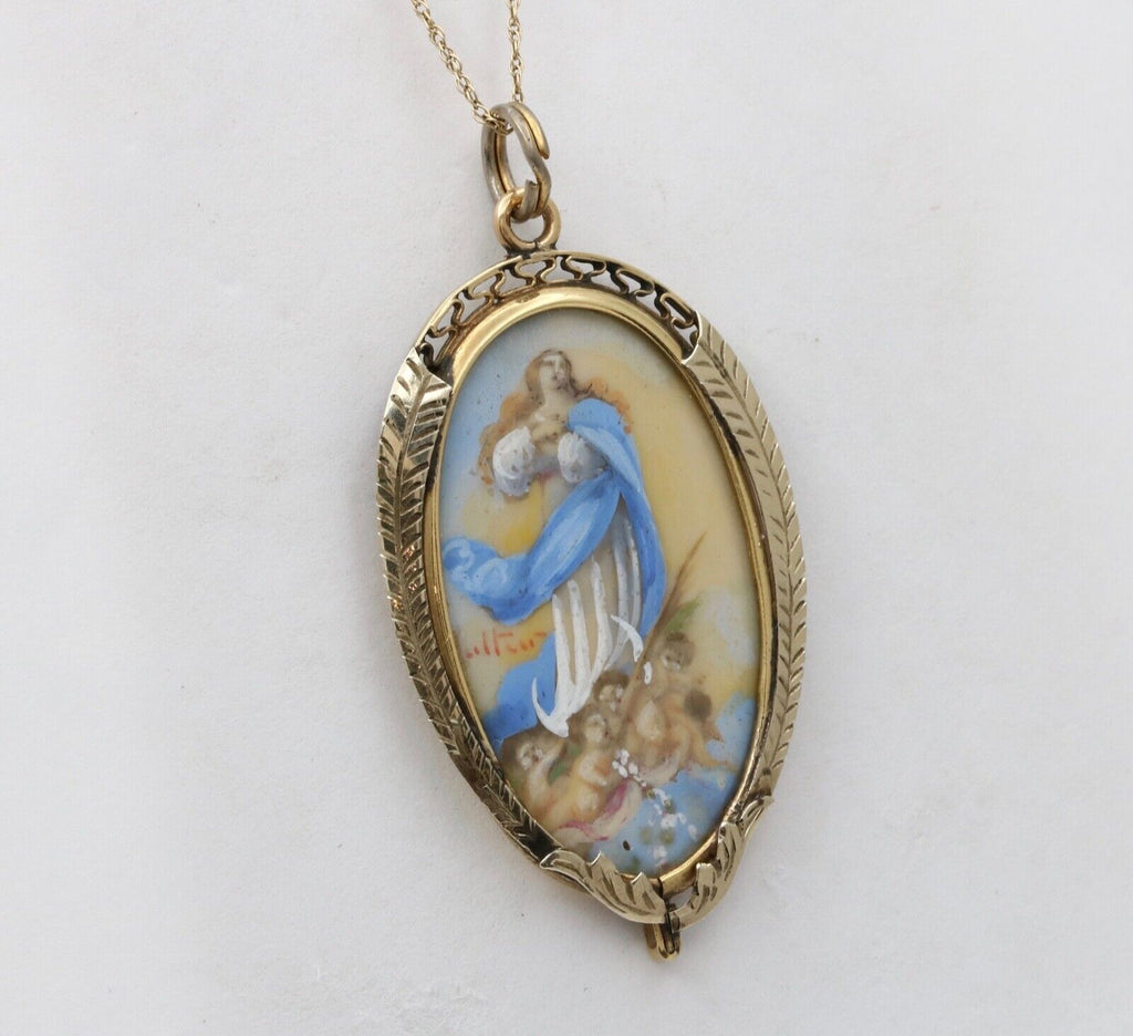 Antique Virgin Mary and Cherubs Portrait 18K YG WG Pendant