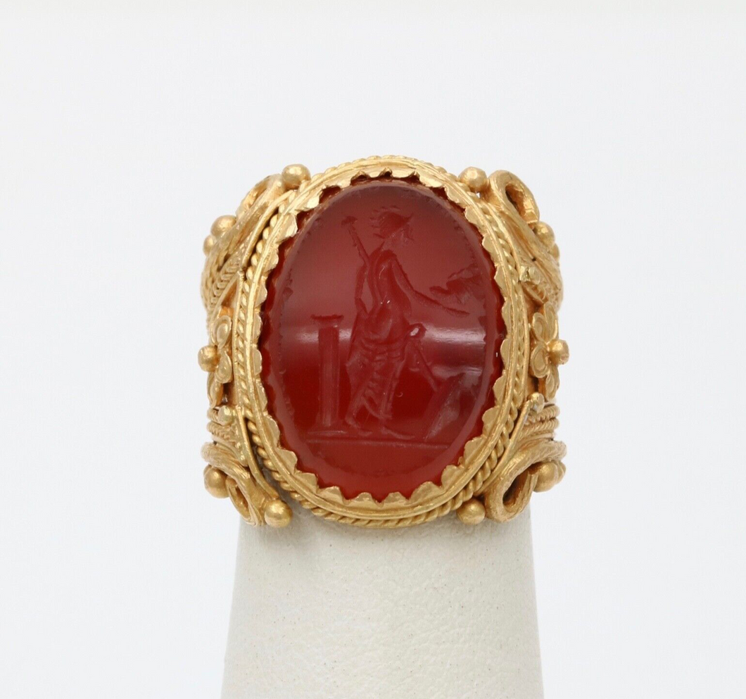 Vintage 22K Yellow Gold Carved Greek Narcissus Intaglio Carnelian Signet.