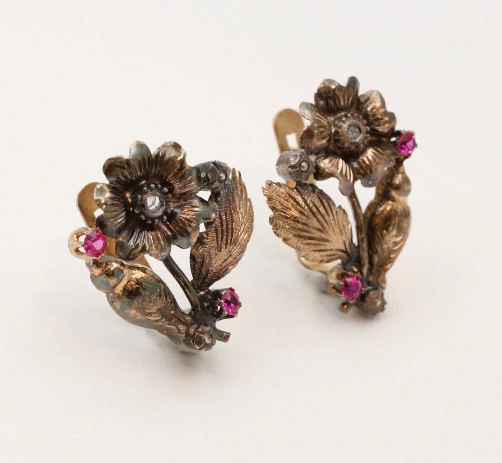 14k Yellow Gold Antique Style Rose Cut Diamond and Synthetic Ruby Huggie Earrings
