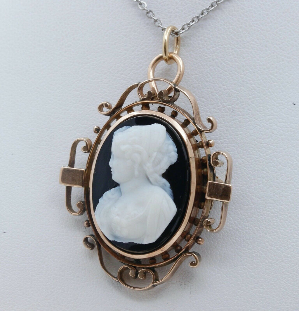 Victorian Cameo 14K Rose Gold Onyx Brooch Pendant Pin