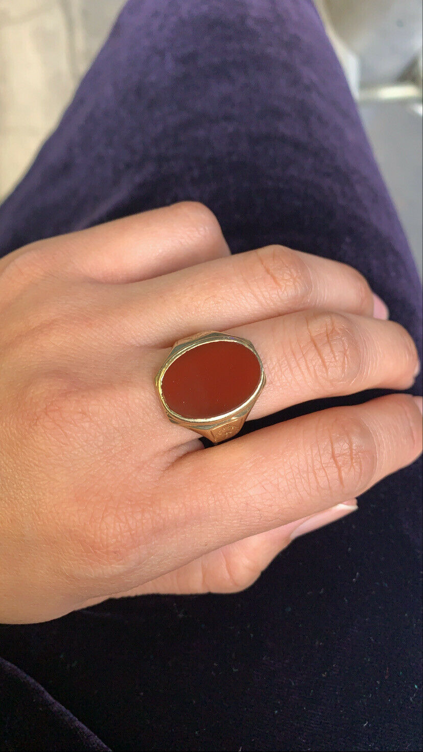 Art Deco Carnelian Intaglio Signet 10K Yellow Gold Unisex Ring