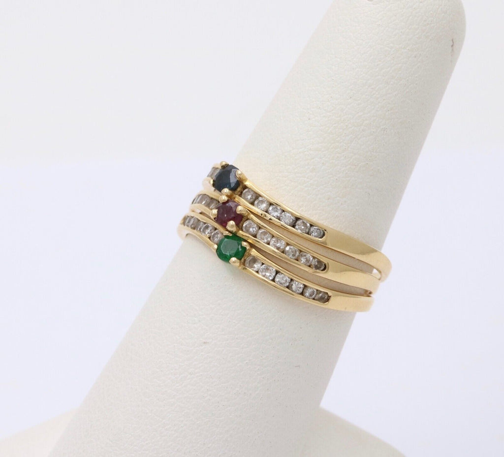 Vintage Trio Stacking Solitaire Emerald Sapphire Ruby 18K Yellow Gold Rings