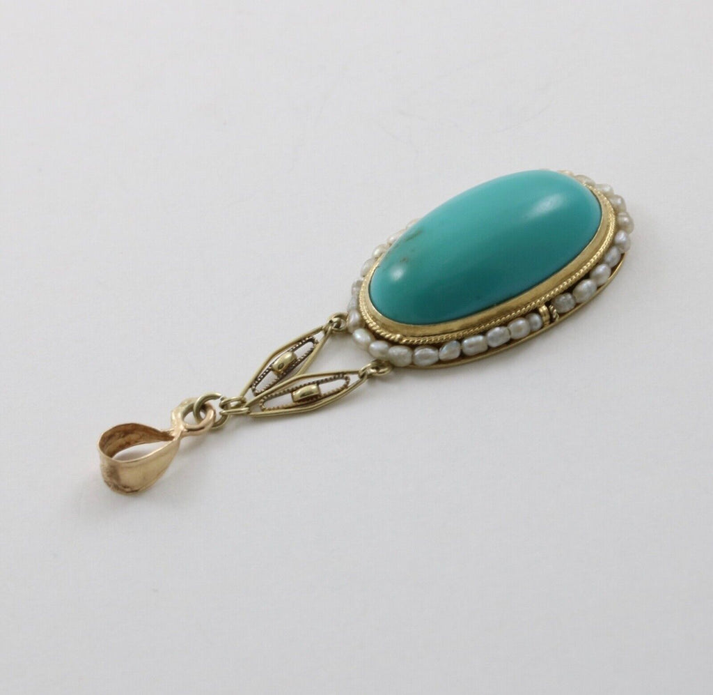 Antique 14K Yellow Gold Turquoise Pearl Seed Halo Pendant