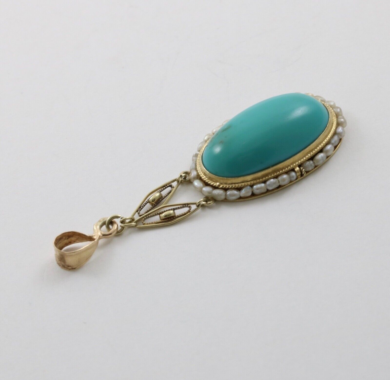 Antique 14K Yellow Gold Turquoise Pearl Seed Halo Pendant