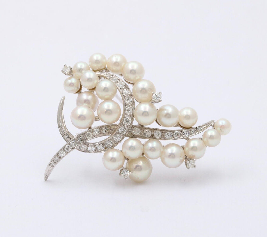 Elegant Vintage 14K Gold Diamond and Pearl Brooch