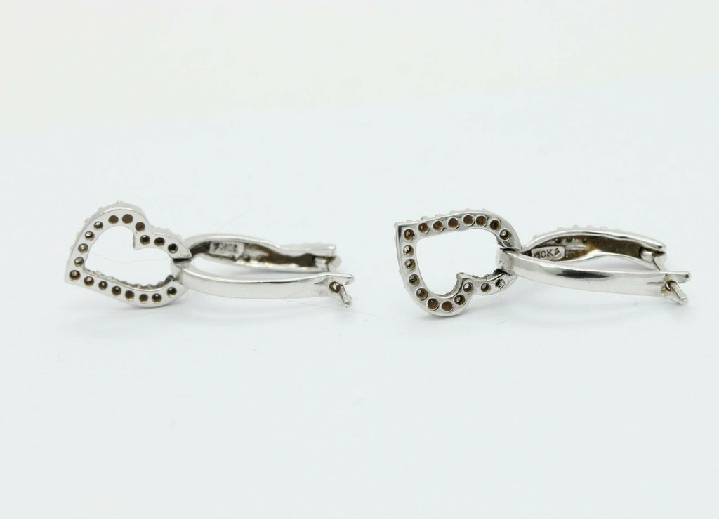 Vintage 10K White Gold Diamond Heart Drop Earrings