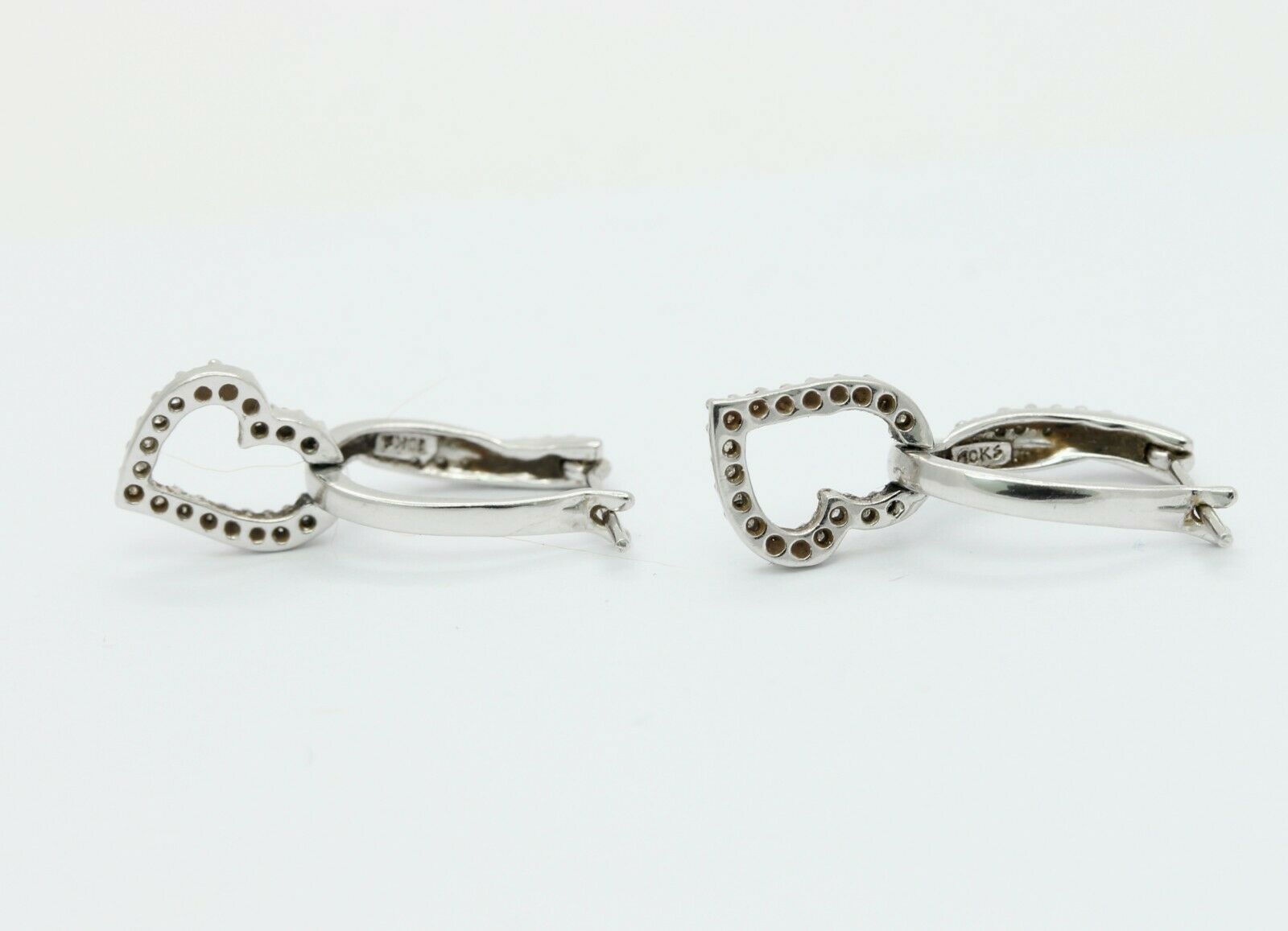 Vintage 10K White Gold Diamond Heart Drop Earrings