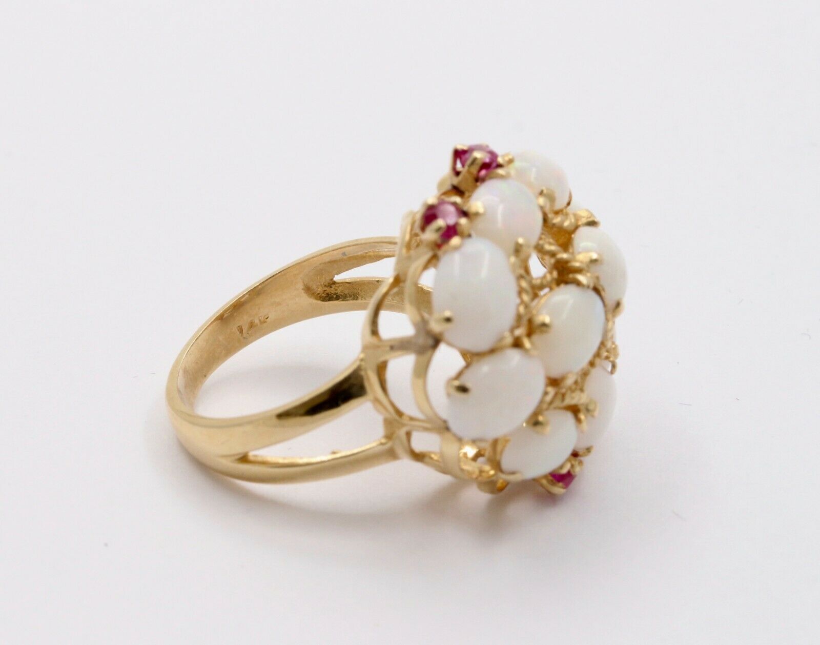 Vintage 14K Yellow Gold Opal Cluster Ruby Ring