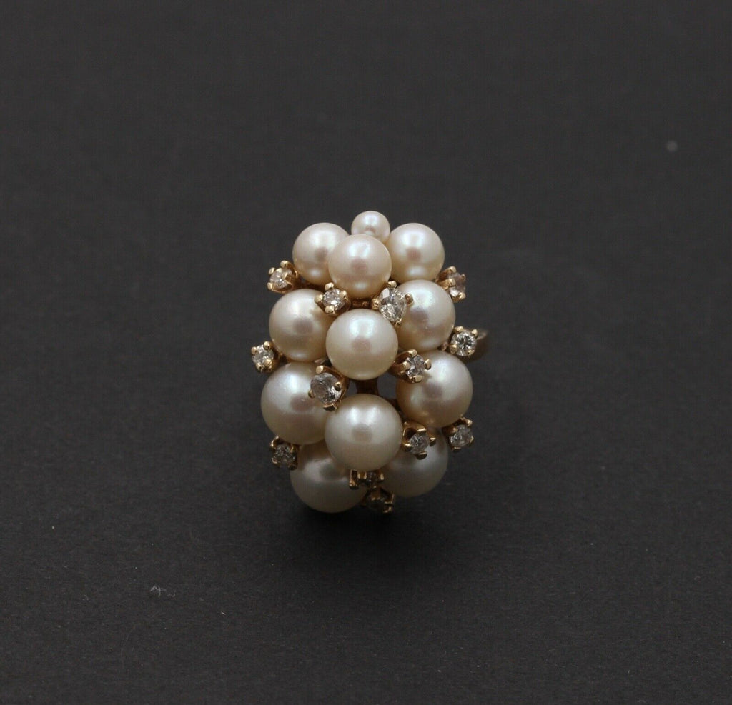 Vintage Pearls Diamonds 14K Yellow Gold Cluster Ring