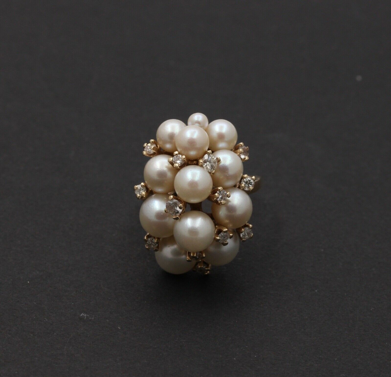 Vintage Pearls Diamonds 14K Yellow Gold Cluster Ring