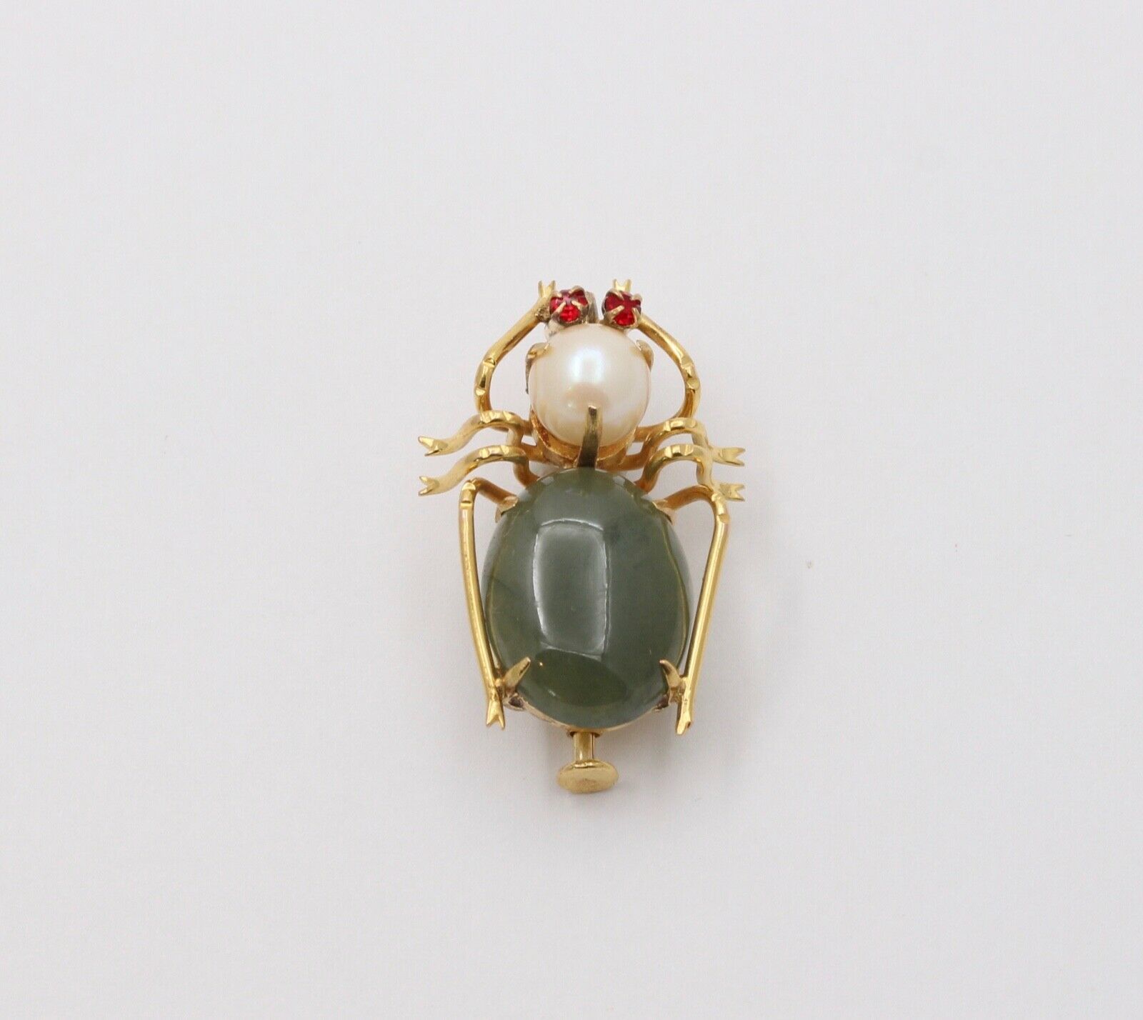 Vintage 9K Yellow Gold Spinach Jade and Pearl Beetle or Spider Brooch Pin
