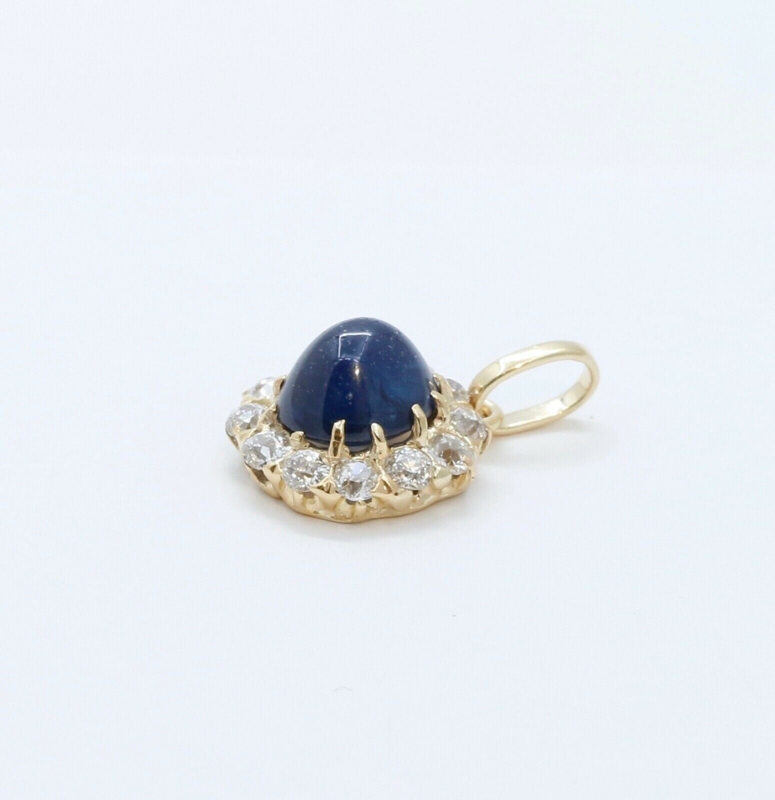 Victorian Cabochon Sapphire Old European Cut Diamonds 14K Yellow Gold Pendant