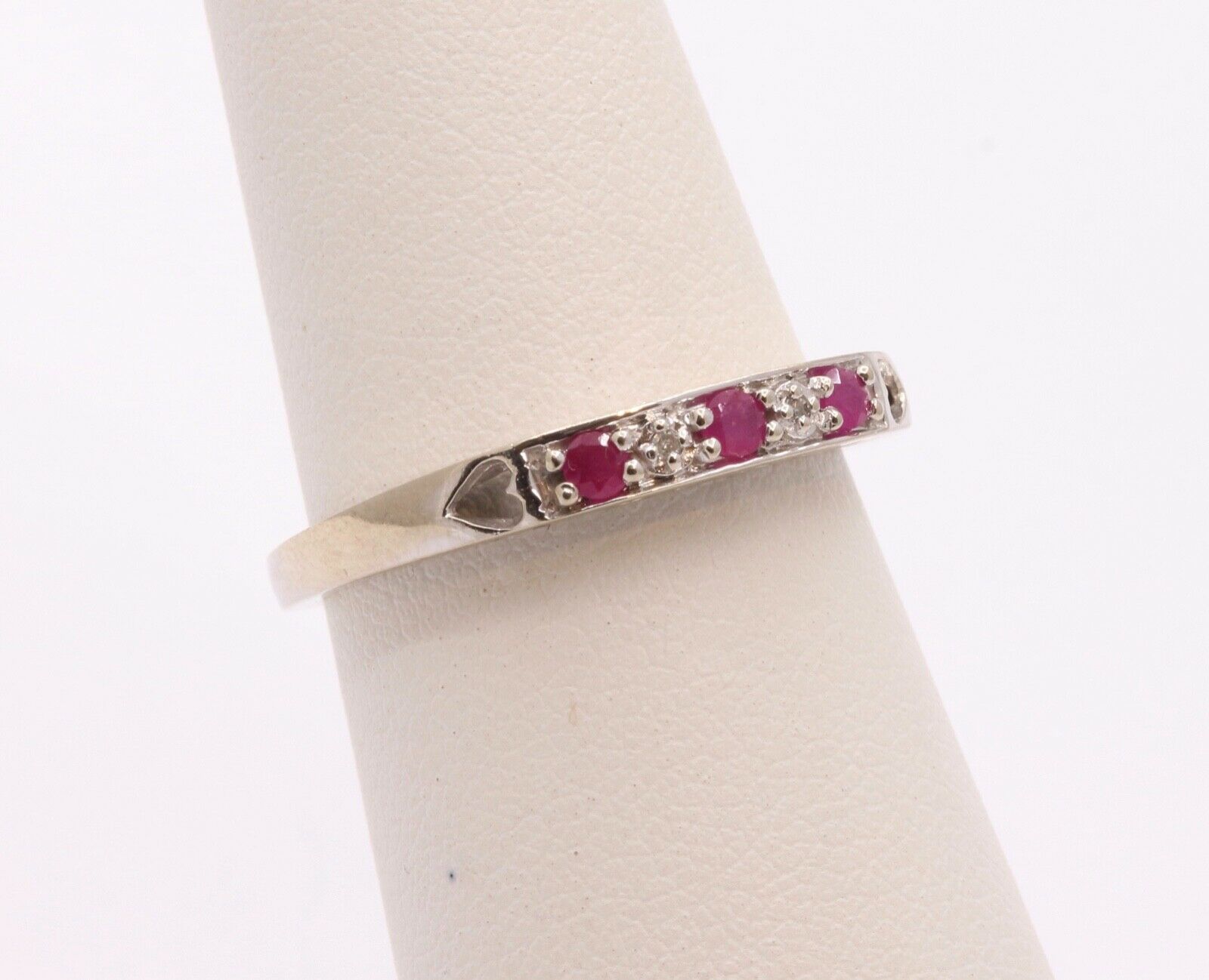 Vintage "I Love You" Ring with Rubies and Diamonds 10K White Gold with Hearts