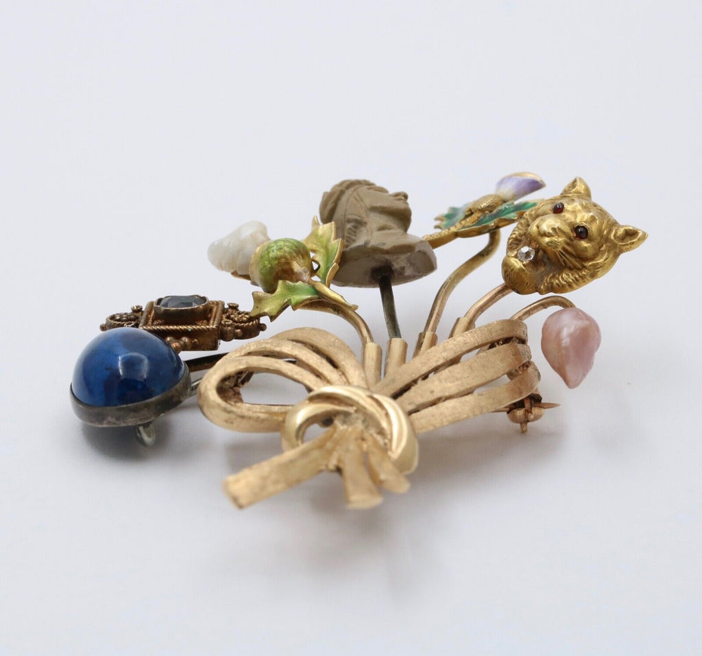 Vintage 14K Gold Stick Pin Conversion Brooch, Enamel Sapphire, Pearl.