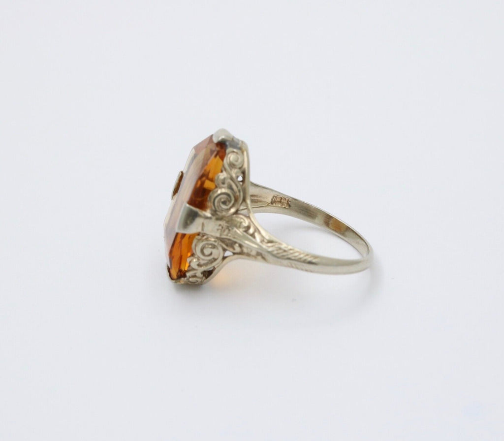 Antique Art Deco Citrine 14K White Gold Filigree Ring, Statement Ring
