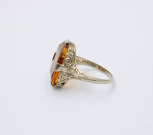 Load image into Gallery viewer, Antique Art Deco Citrine 14K White Gold Filigree Ring, Statement Ring
