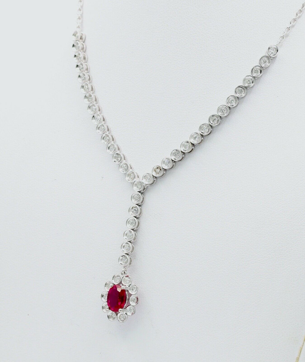 Vintage Ladies Oval Ruby Diamonds 18K White Gold Necklace