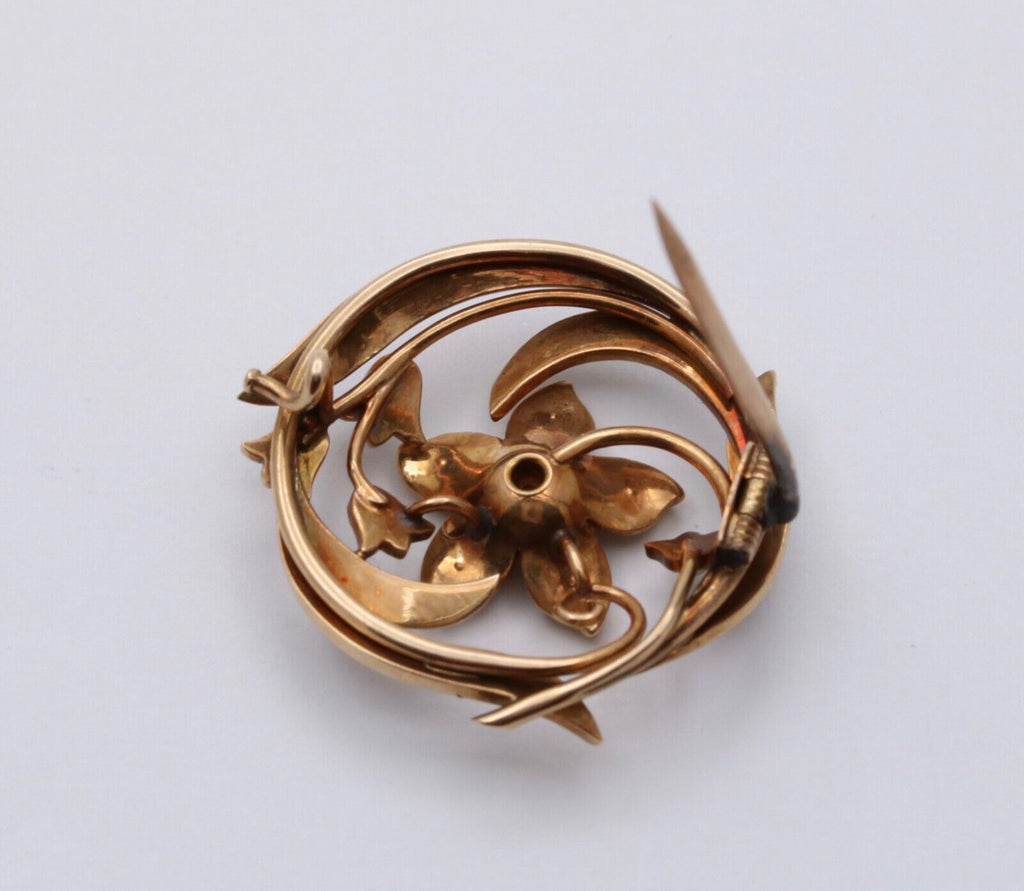 Antique Victorian 14K Yellow Gold Diamond and Pearl Floral Brooch, Pin