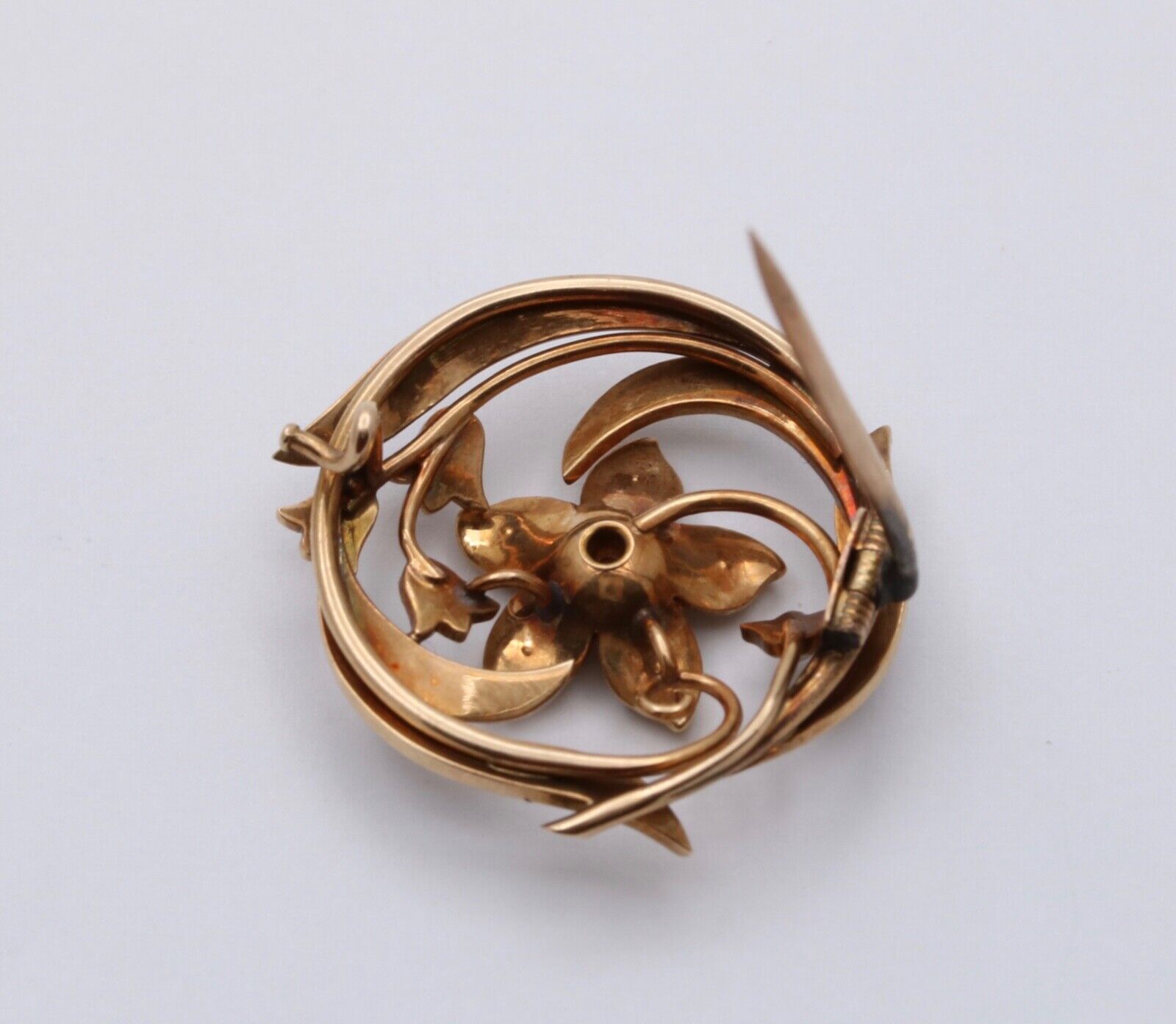 Antique Victorian 14K Yellow Gold Diamond and Pearl Floral Brooch, Pin
