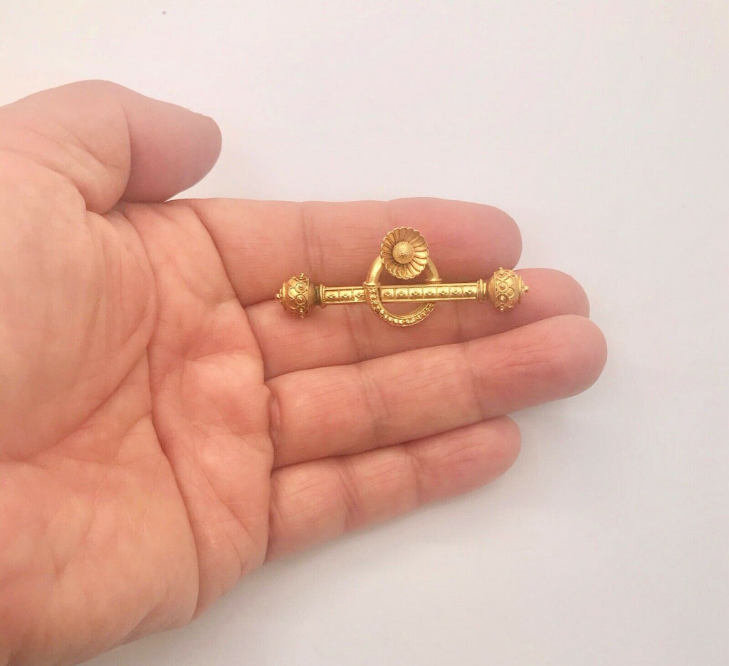 Victorian Etruscan Revival 14K Yellow Gold Brooch Pin