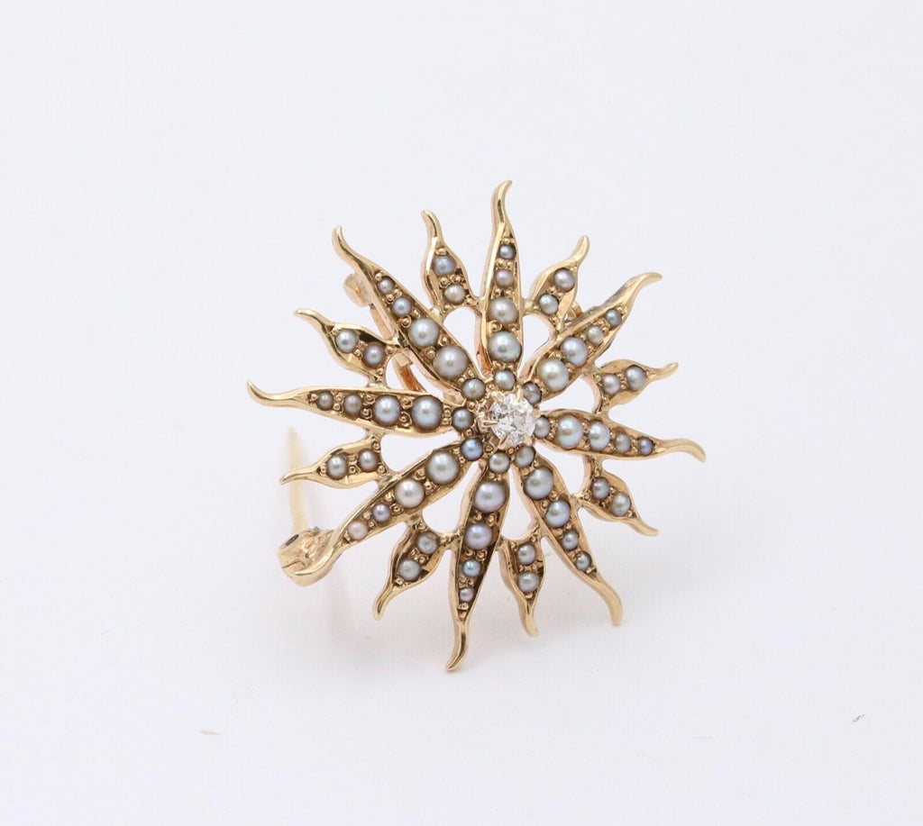 Victorian Edwardian Starburst Diamond Seed Pearls 14K Yellow Gold Pendant Brooch