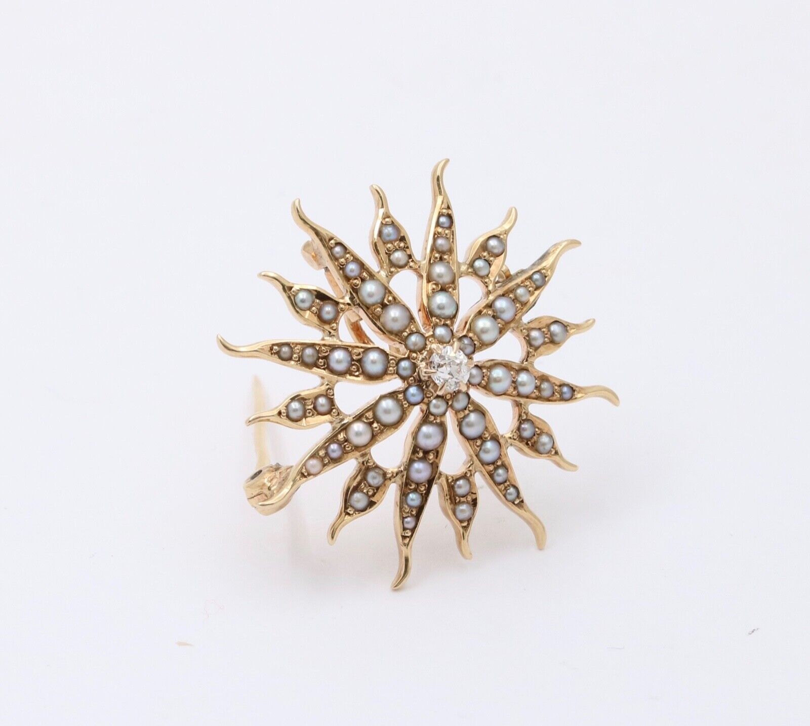 Victorian Edwardian Starburst Diamond Seed Pearls 14K Yellow Gold Pendant Brooch
