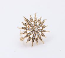 Load image into Gallery viewer, Victorian Edwardian Starburst Diamond Seed Pearls 14K Yellow Gold Pendant Brooch
